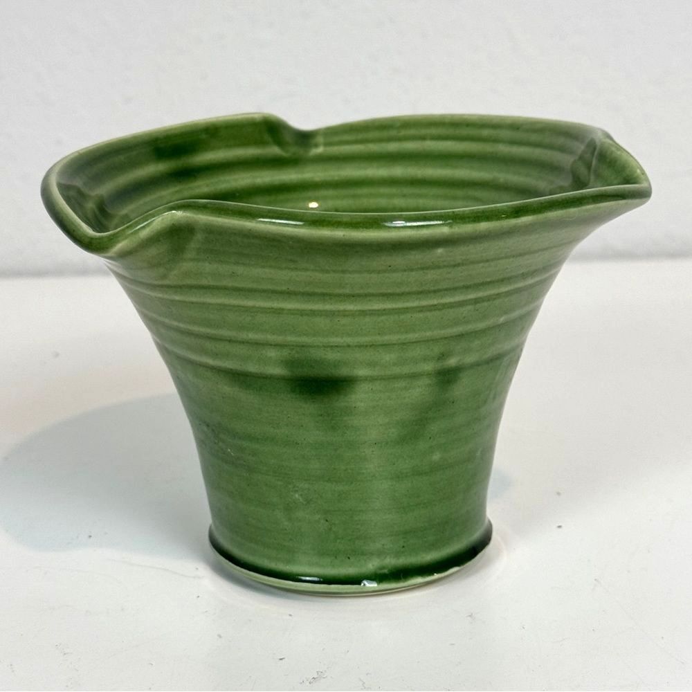 Vintage 3.5” Green Studio Pottery Ikebana Vase with Flower Frog Signed 1995